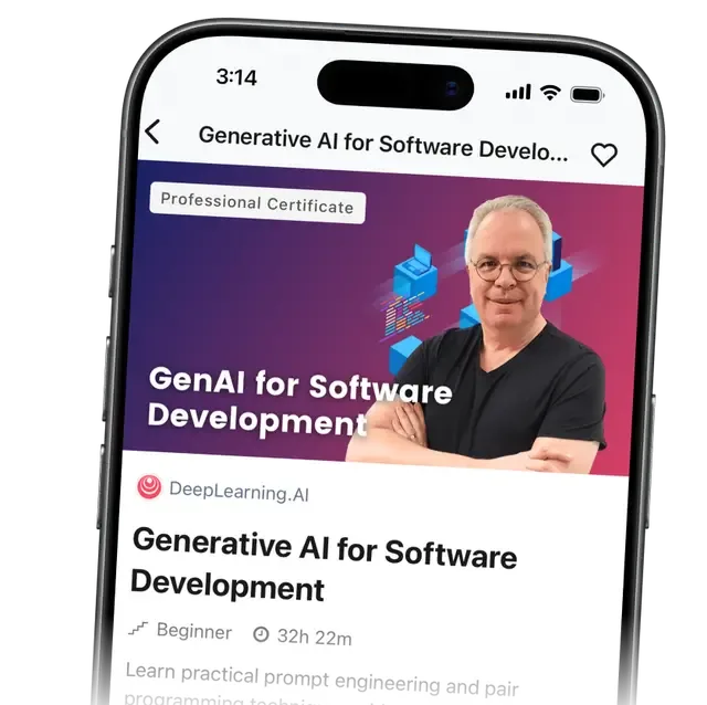 The DeepLearning.AI app showing the Generative AI for Software Development course