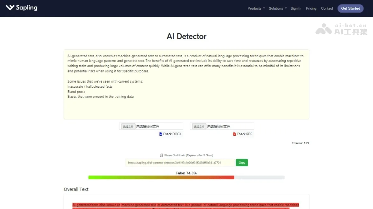 Sapling AI Content Detector - 在线AI内容检测工具,高精度检测标记AI句子 | AI工具集