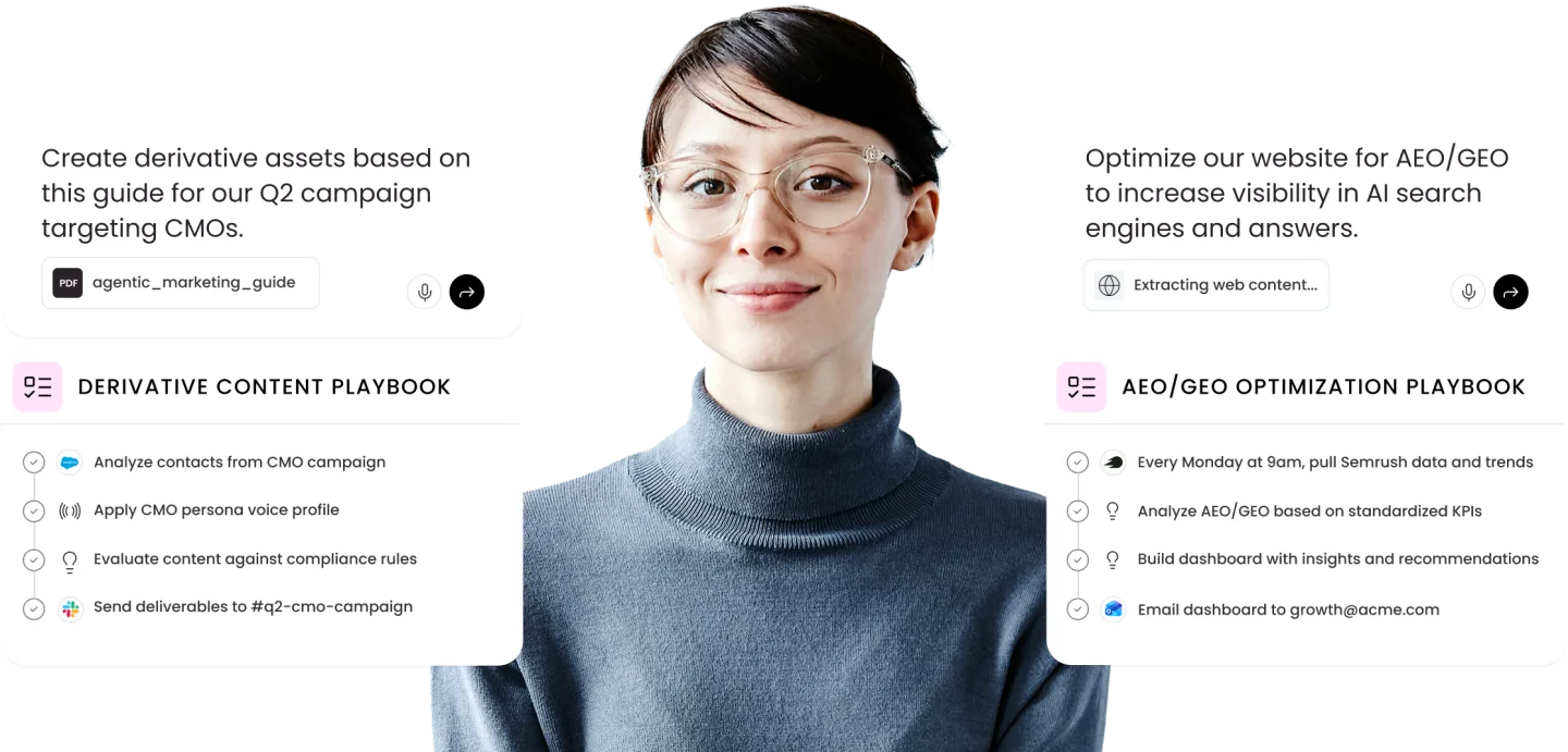 Product marketing graphic showing two marketing playbook examples. The left side shows a prompt to "Create derivative assets based on this guide for our Q2 campaign targeting CMOs" with an attached PDF, and the resulting Derivative Content Playbook with steps to analyze contacts from CMO campaign, a